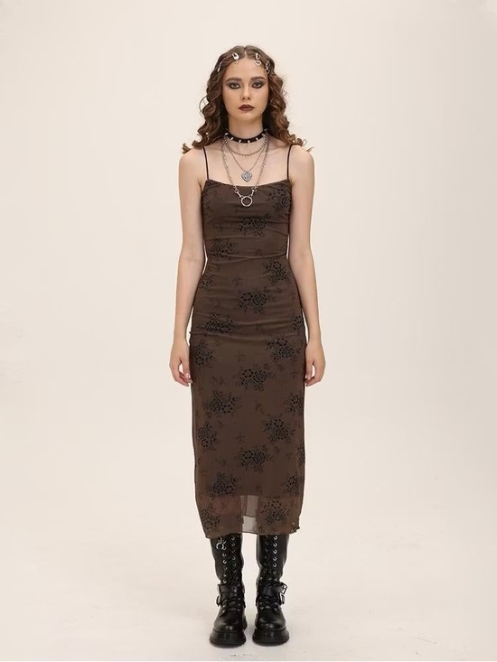 Cider Dresses & Skirts - Cider Brown Floral Maxi Slip Dress with Black Burnout Pattern